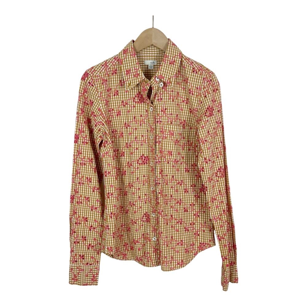 Anthropologie Odille Gingham Eyelet Button Down Shirt Tan Pink Size 0 - Picture 2 of 6